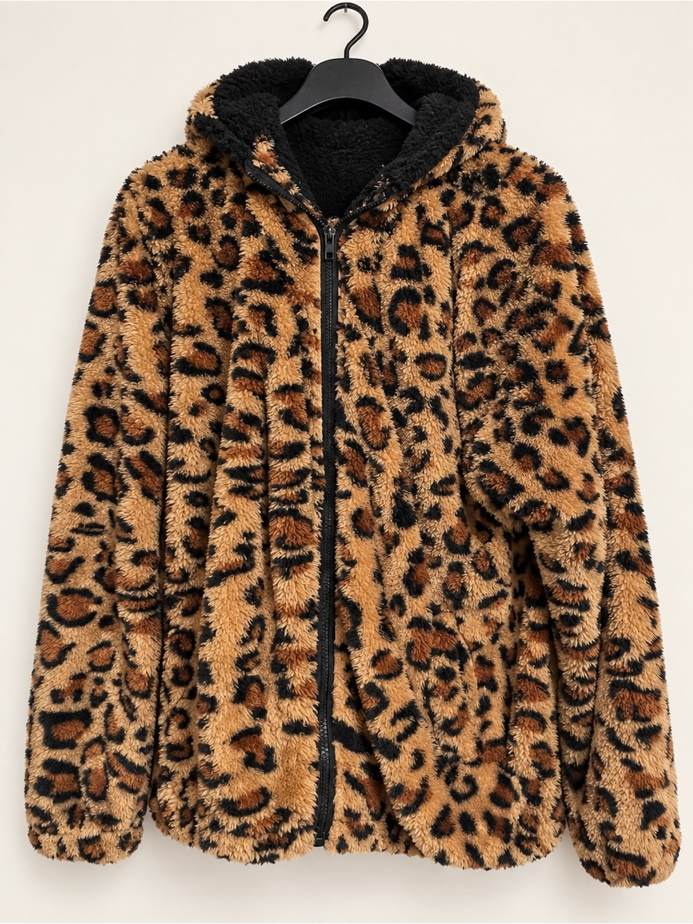 Fashion Nova Leopard Print Sherpa Hoodie Jacket - Black/Tan